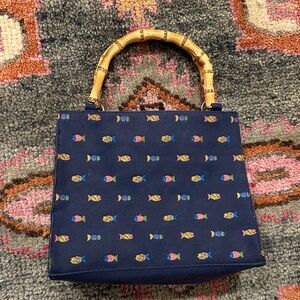 Chic Navy Fish Print Tote with Bamboo Handles